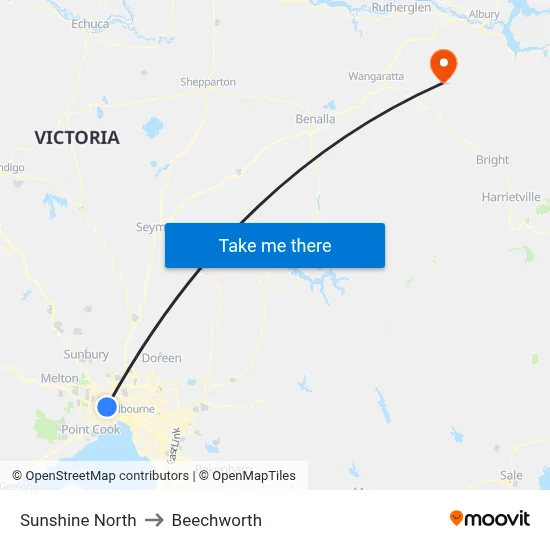 Sunshine North to Beechworth map