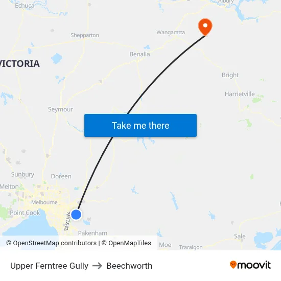 Upper Ferntree Gully to Beechworth map