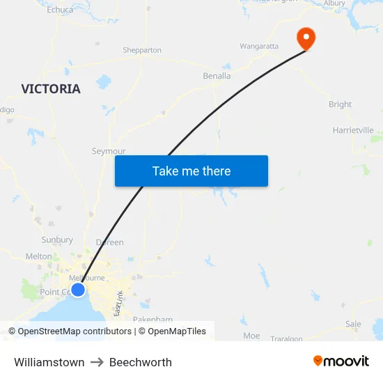 Williamstown to Beechworth map
