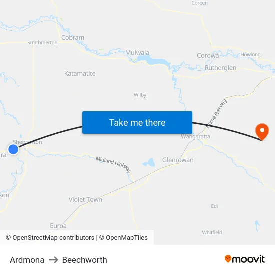 Ardmona to Beechworth map