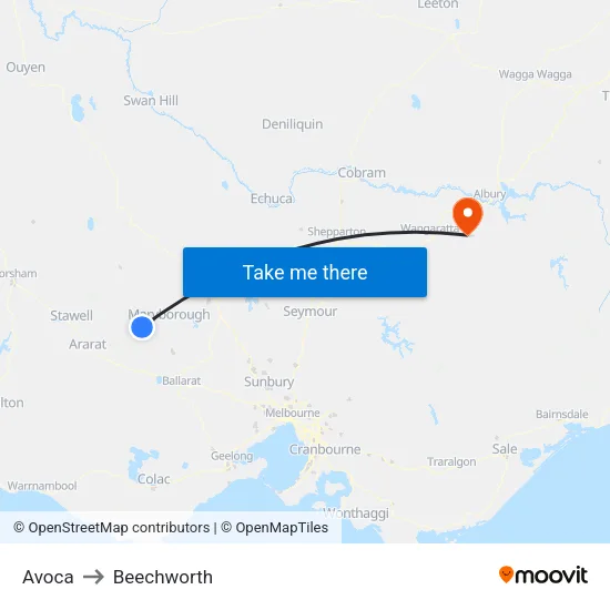 Avoca to Beechworth map
