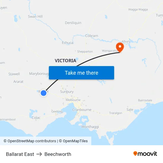 Ballarat East to Beechworth map