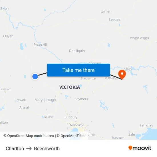Charlton to Beechworth map