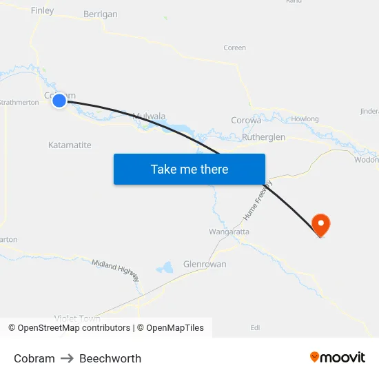 Cobram to Beechworth map