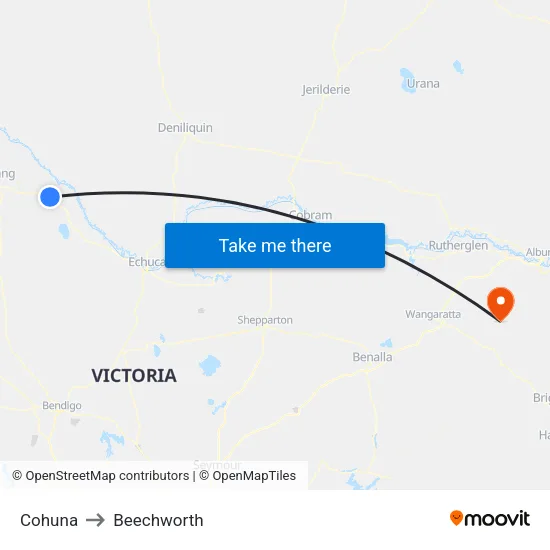 Cohuna to Beechworth map