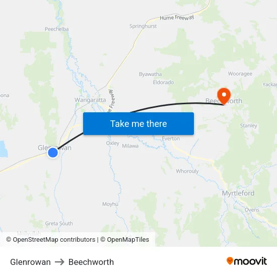Glenrowan to Beechworth map