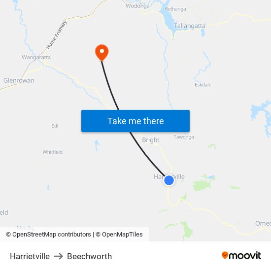 Harrietville to Beechworth map