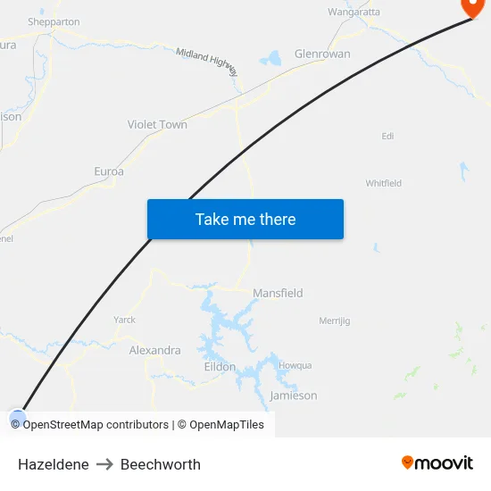 Hazeldene to Beechworth map