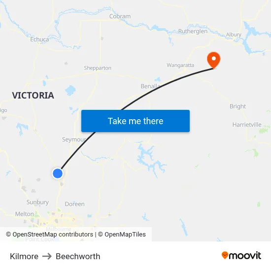 Kilmore to Beechworth map