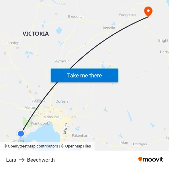 Lara to Beechworth map