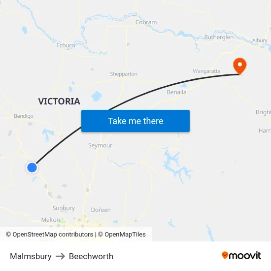 Malmsbury to Beechworth map