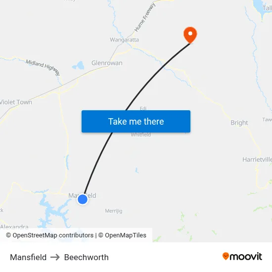 Mansfield to Beechworth map
