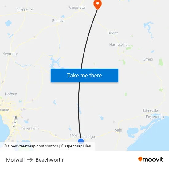 Morwell to Beechworth map