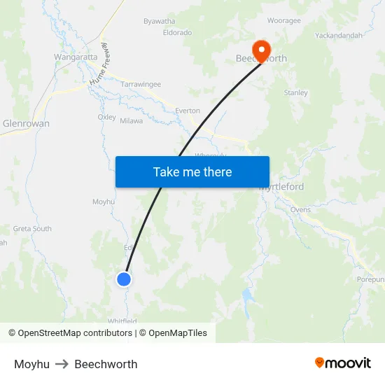 Moyhu to Beechworth map