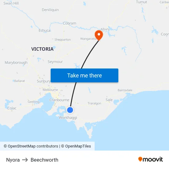 Nyora to Beechworth map
