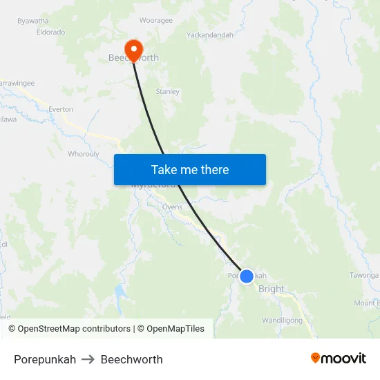 Porepunkah to Beechworth map