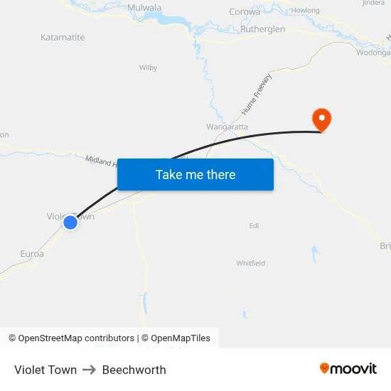 Violet Town to Beechworth map