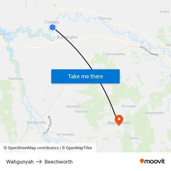 Wahgunyah to Beechworth map