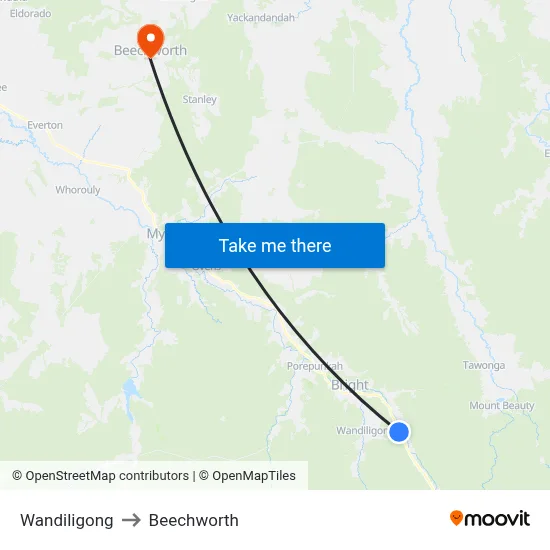 Wandiligong to Beechworth map