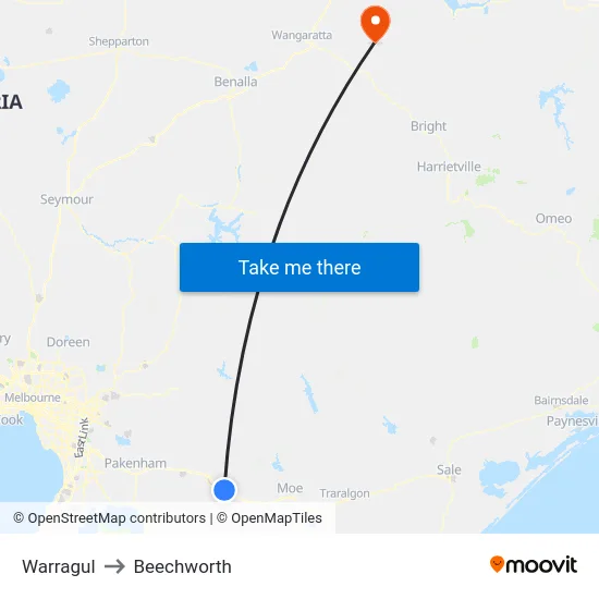 Warragul to Beechworth map