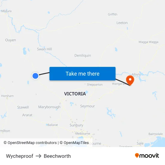 Wycheproof to Beechworth map