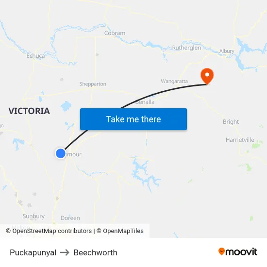 Puckapunyal to Beechworth map