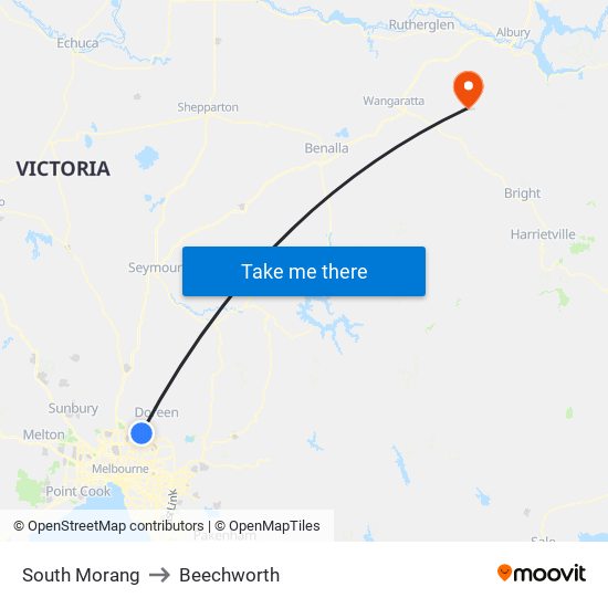 South Morang to Beechworth map