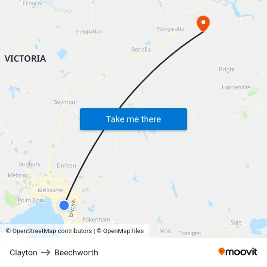 Clayton to Beechworth map