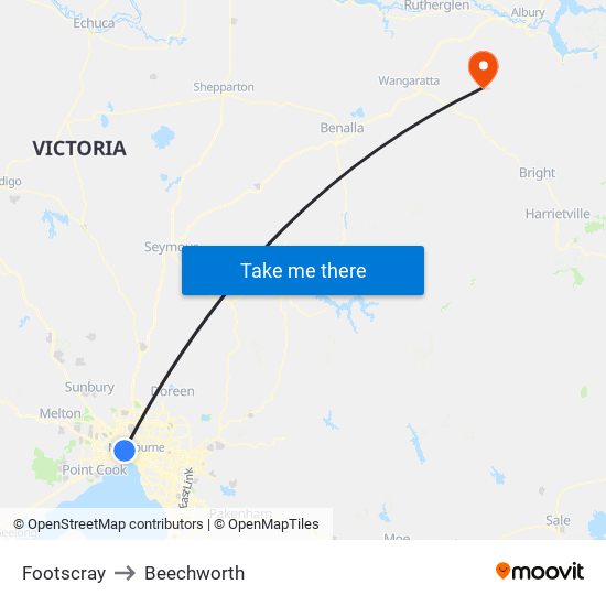 Footscray to Beechworth map