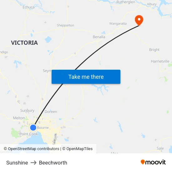 Sunshine to Beechworth map