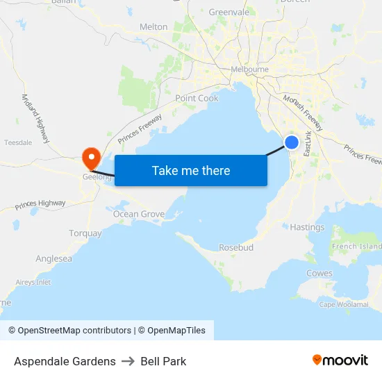 Aspendale Gardens to Bell Park map