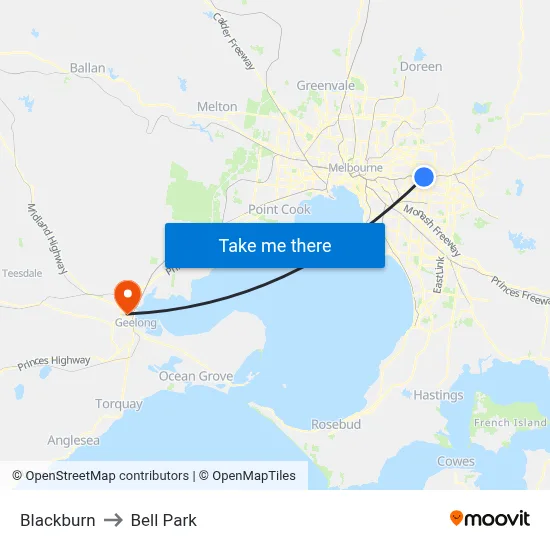 Blackburn to Bell Park map