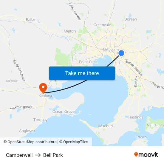 Camberwell to Bell Park map
