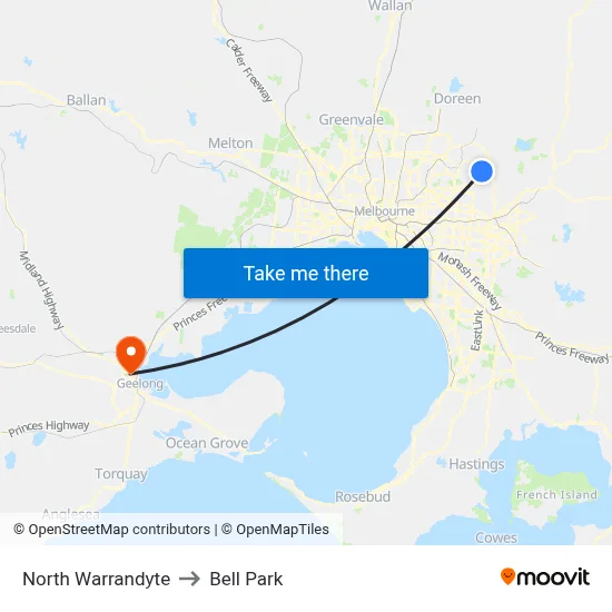 North Warrandyte to Bell Park map