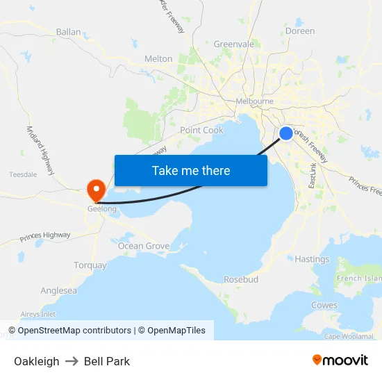 Oakleigh to Bell Park map