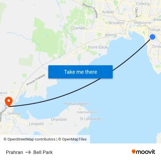 Prahran to Bell Park map