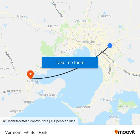 Vermont to Bell Park map