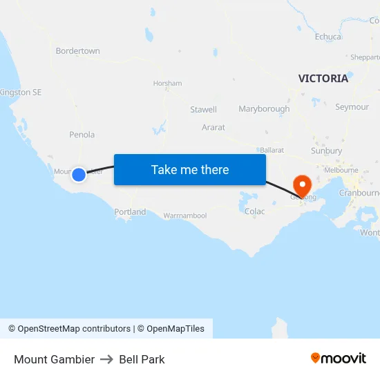 Mount Gambier to Bell Park map