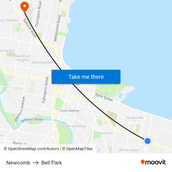 Newcomb to Bell Park map