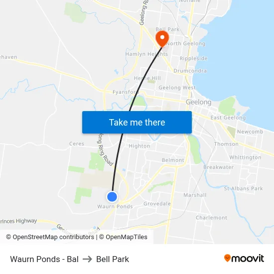 Waurn Ponds - Bal to Bell Park map