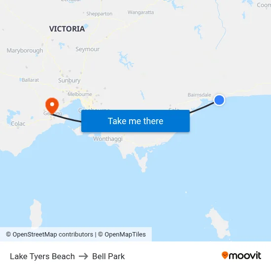 Lake Tyers Beach to Bell Park map