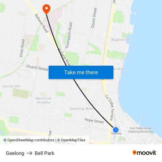 Geelong to Bell Park map