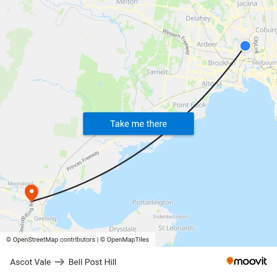Ascot Vale to Bell Post Hill map