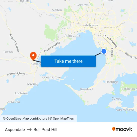 Aspendale to Bell Post Hill map
