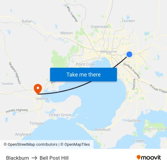 Blackburn to Bell Post Hill map