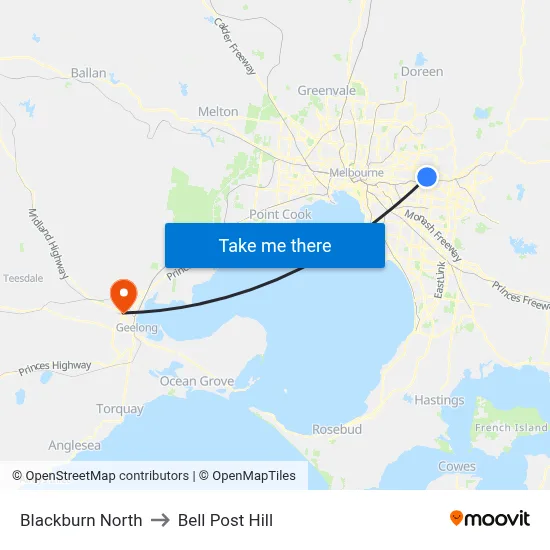 Blackburn North to Bell Post Hill map