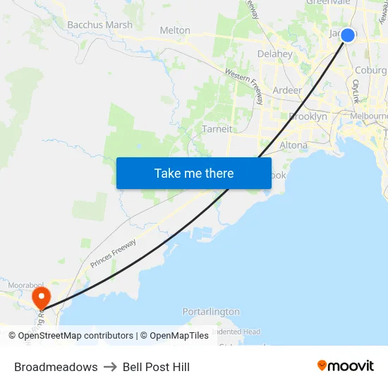 Broadmeadows to Bell Post Hill map