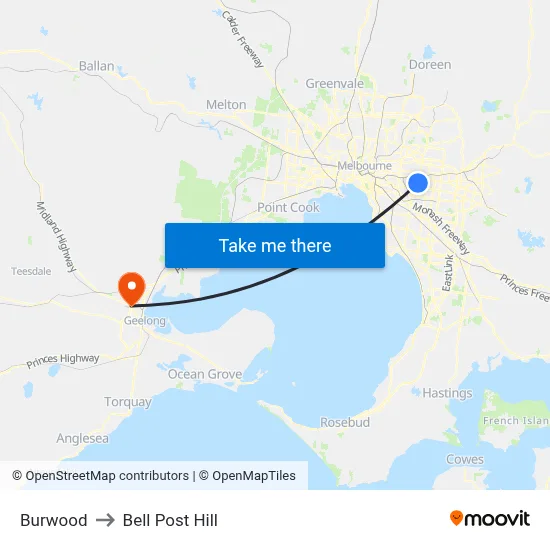 Burwood to Bell Post Hill map