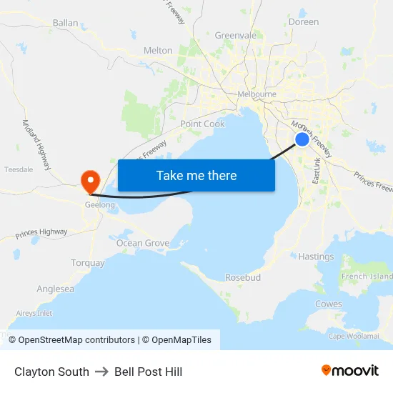 Clayton South to Bell Post Hill map