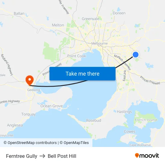 Ferntree Gully to Bell Post Hill map